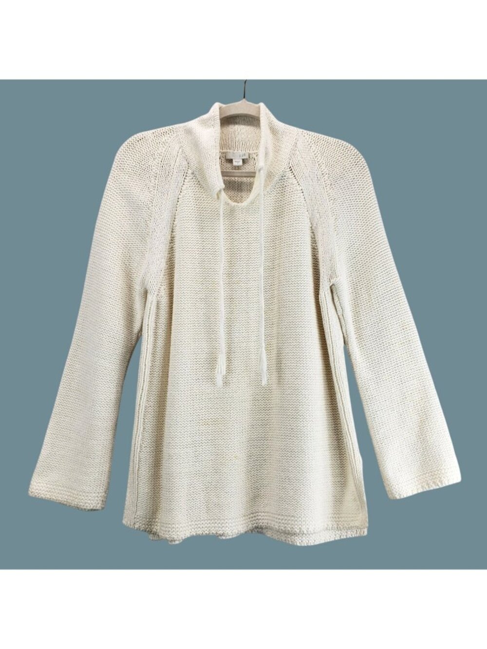 Pullover Ivory Sweater M J. Jill Cotton/Linen Cowl Neck Tassels Tunic CasualChic